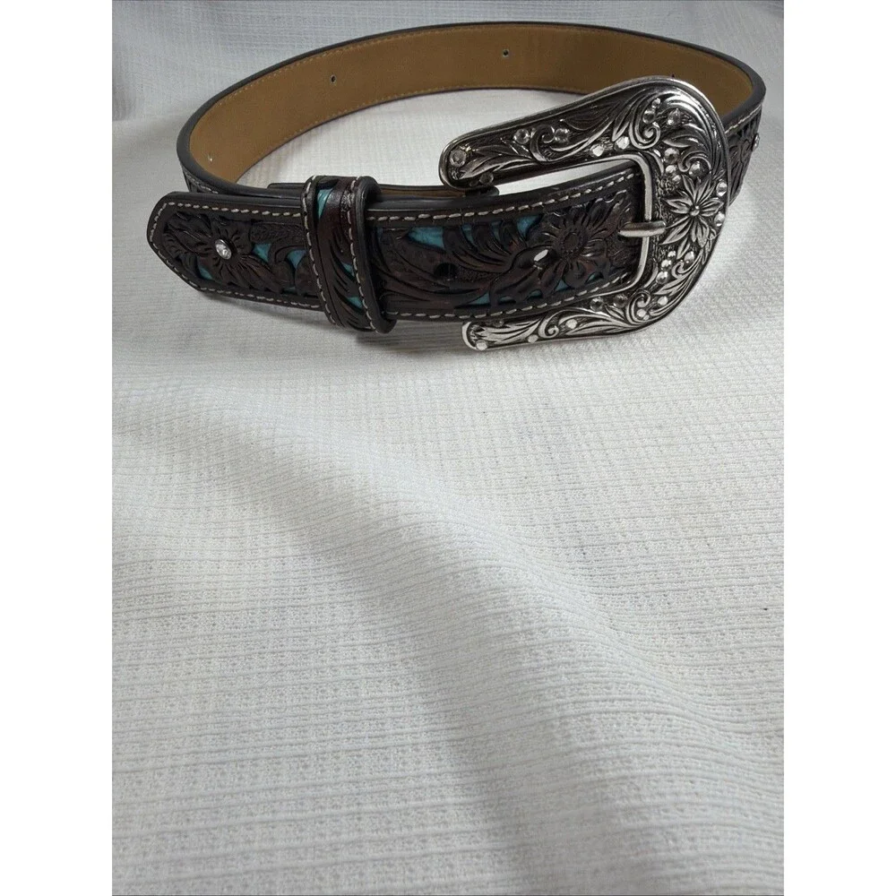 Ariat Womens Turquoise Inlay Floral Tooled Leather Belt Studded Western Buckle